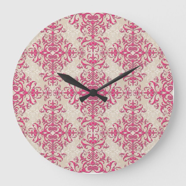 Chic Pink and Off White Floral Damask Pattern Large Clock (Front)