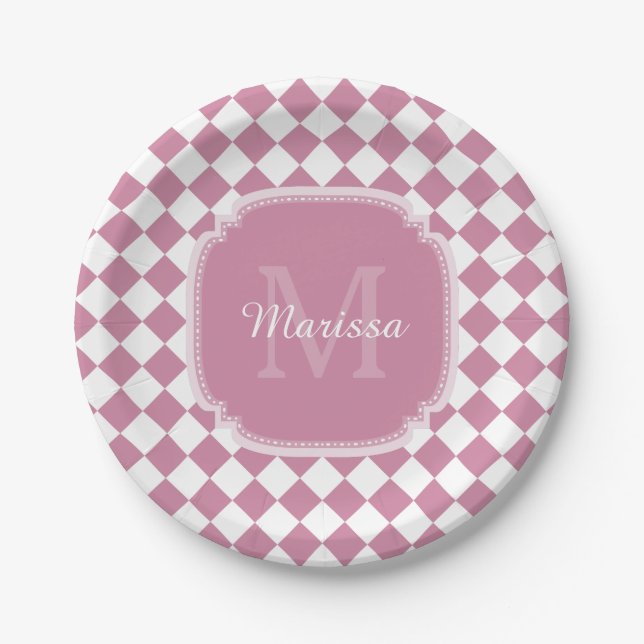 Chic Pink and White Checked Monogrammed Name Paper Plate (Front)