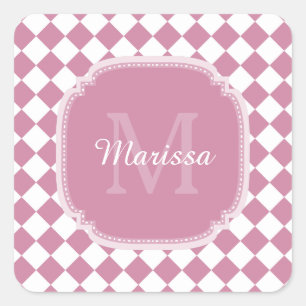 Chic Pink and White Checked Monogrammed Name Square Sticker