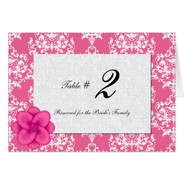 Chic Pink and White Damask Table Number (Front Horizontal)