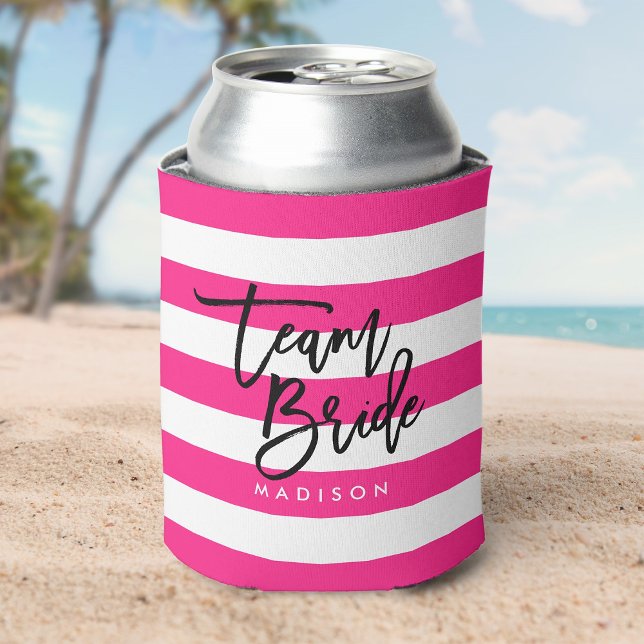 Chic Pink and White Stripes Black Team Bride Can Cooler (Creator Uploaded)
