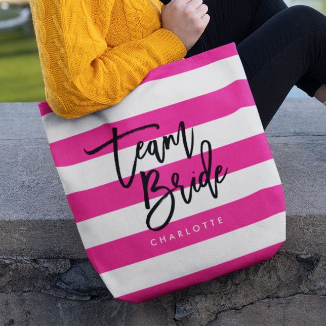 Chic Pink and White Stripes Black Team Bride Tote Bag (Creator Uploaded)