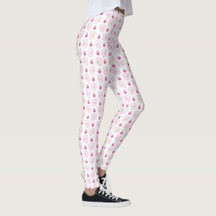 Chic Pink Apple Blossom Buds and Flowers on White Leggings