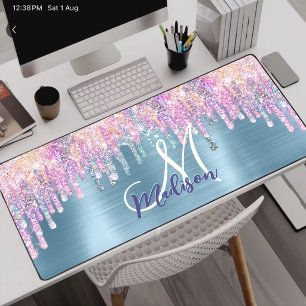 Chic pink aqua unicorn dripping glitter monogram desk mat