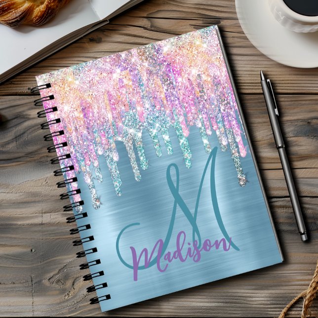 Chic pink aqua unicorn dripping glitter monogram notebook (Creator Uploaded)