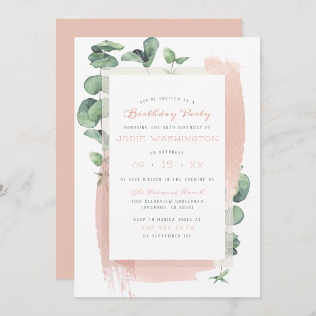 Chic Pink Aquarelle Brush Floral Birthday Party Invitation (Front/Back)