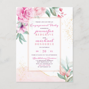 Chic Pink Aquarelle Roses Floral Engagement Party Invitation Postcard