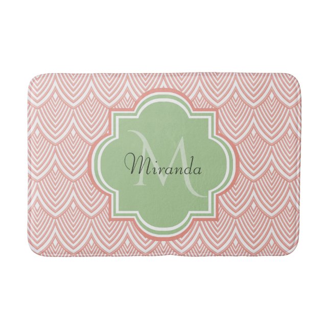 Chic Pink Arched Scallops Soft Green Monogram Name Bath Mat (Front)