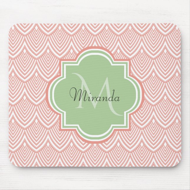 Chic Pink Arched Scallops Soft Green Monogram Name Mouse Pad (Front)