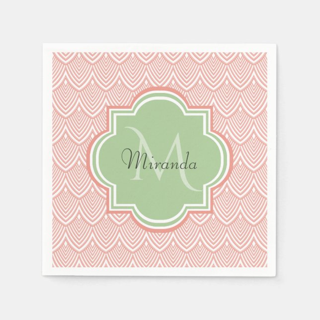 Chic Pink Arched Scallops Soft Green Monogram Name Napkin (Front)