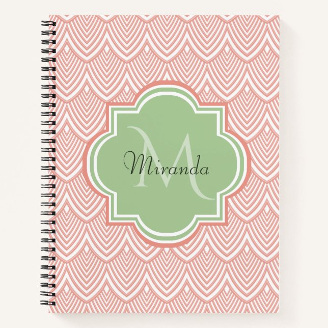 Chic Pink Arched Scallops Soft Green Monogram Name Notebook (Front)