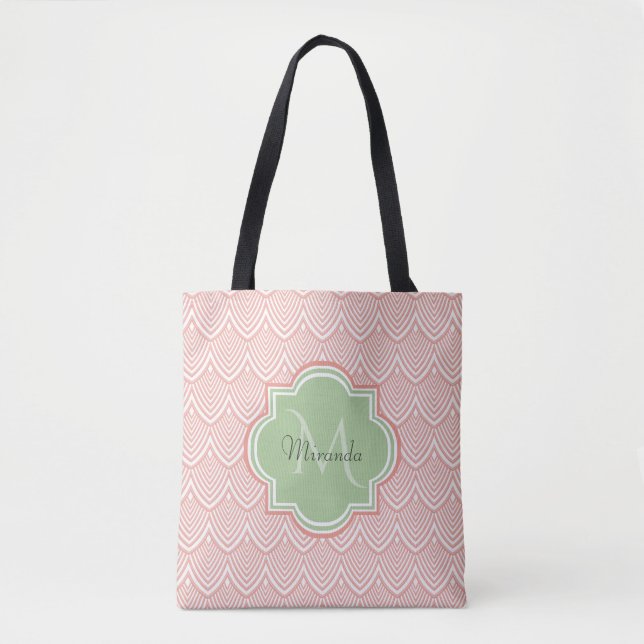 Chic Pink Arched Scallops Soft Green Monogram Name Tote Bag (Front)