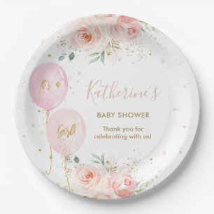 Chic Pink Balloons Floral Girl Baby Shower Paper Plate