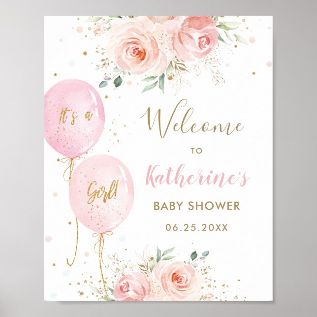 Chic Pink Balloons Floral Girl Baby Shower Welcome Poster (Front)