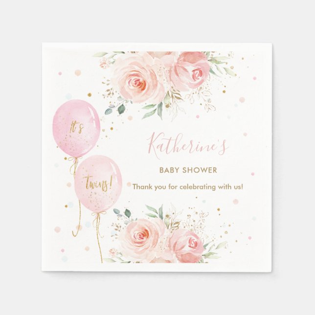 Chic Pink Balloons Floral Twin Girls Baby Shower Napkin (Front)
