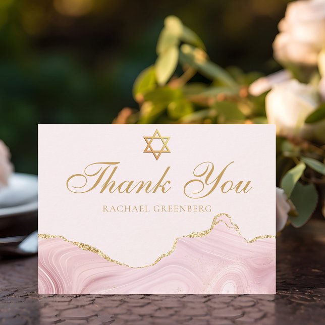 Chic Pink Bat Mitzvah Custom Gold Script Thank You Card (Creator Uploaded)