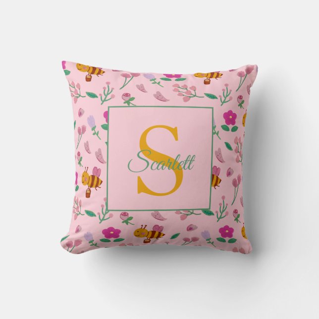 Chic Pink Bee and Floral Design Name & Monogram Cushion (Front)