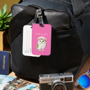 Chic Pink Beret Brown White Owl Be Seeing You Luggage Tag