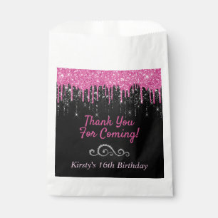 Chic Pink Black Dripping Glitter Sweet 16 Birthday Favour Bag