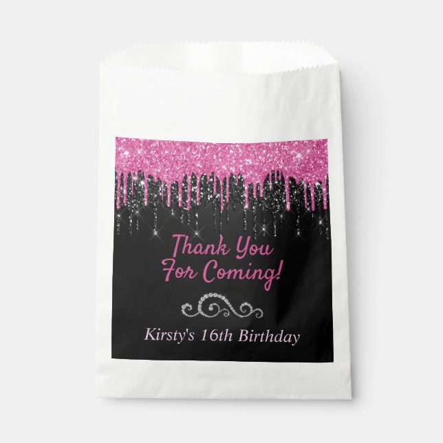 Chic Pink Black Dripping Glitter Sweet 16 Birthday Favour Bag (Front)