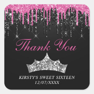 Chic Pink Black Dripping Glitter Tiara Sweet 16 Square Sticker
