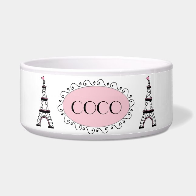 Chic Pink Black Eiffel Tower Name Dog Pet Bowl (Front)