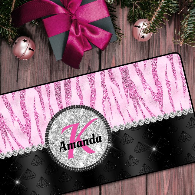 Chic pink black faux glitter animal print monogram desk mat (Creator Uploaded)
