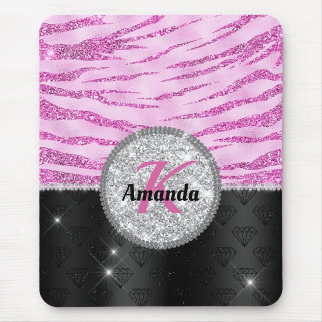 Chic pink black faux glitter animal print monogram mouse pad (Front)