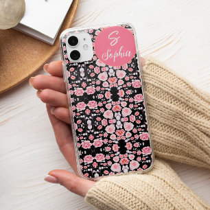Chic pink black flower aesthetic Custom Monogram iPhone 13 Pro Case