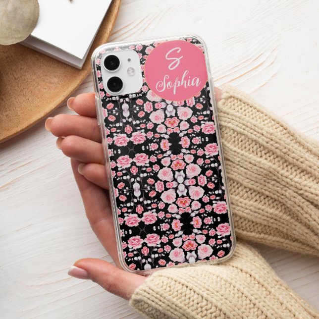 Chic pink black flower aesthetic Custom Monogram Case-Mate iPhone Case (Creator Uploaded)
