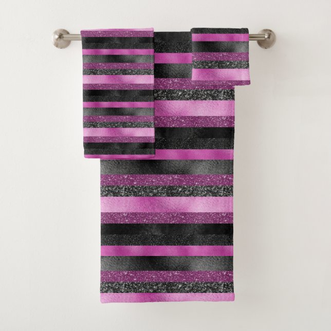 Chic Pink Black Glitter Stripe Glam Design Bath Towel Set (Insitu)