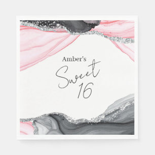 Chic Pink & Black Marble Sweet 16 Birthday Party Napkin