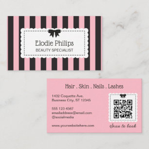 Chic Pink Black Stripes Scalloped Edges & Bow Business Card