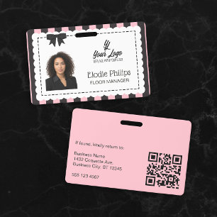 Chic Pink Black Stripes Scalloped Edges & Bow ID Badge