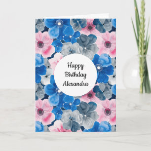 Chic Pink Blue Floral Birthday Card