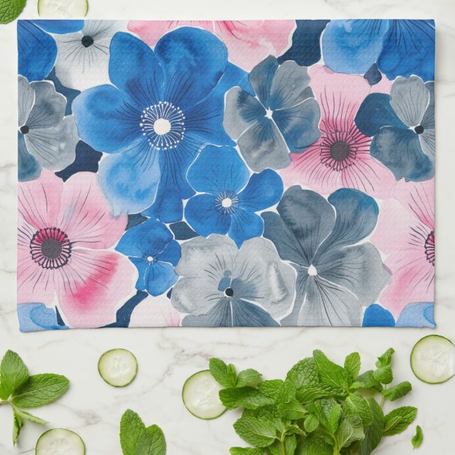 Chic Pink Blue Floral Bridal Shower Tea Towel (Folded)