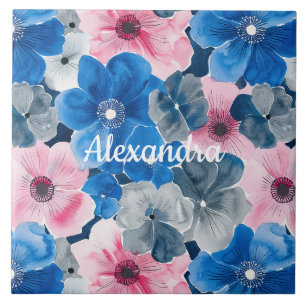Chic Pink Blue Floral Ceramic Tile