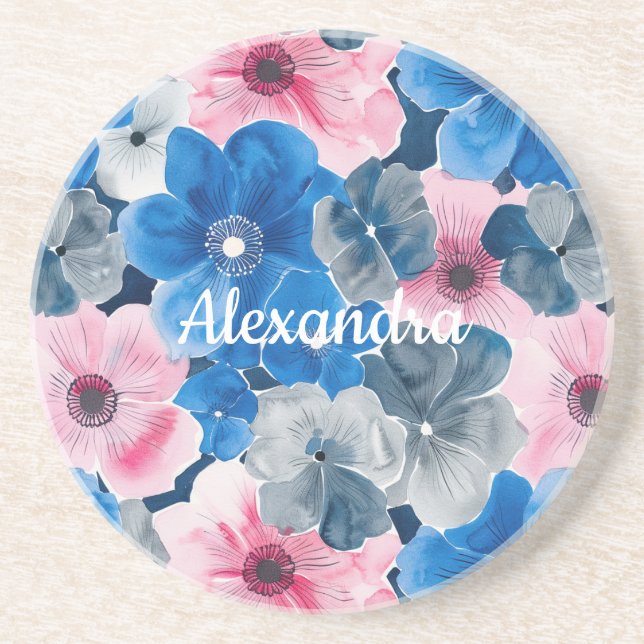 Chic Pink Blue Floral  Coaster (Front)