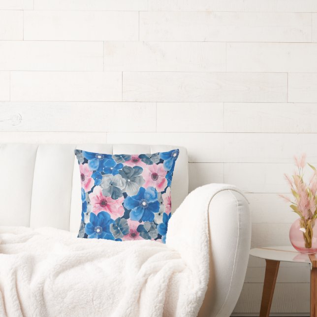 Chic Pink Blue Floral   Cushion (Couch)