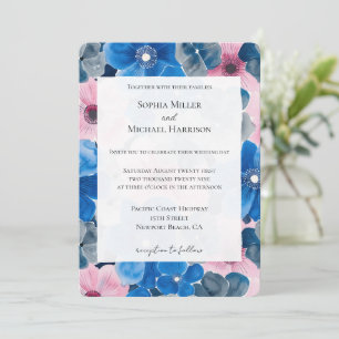 Chic Pink Blue Floral Wedding Invitation