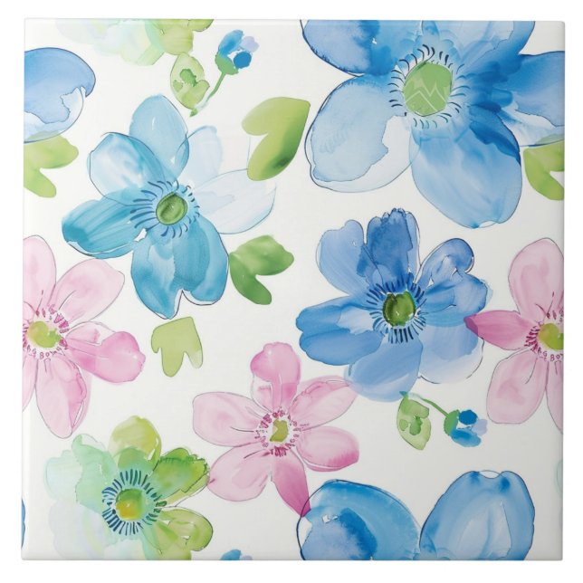 Chic Pink Blue Flowers Ceramic Tile (Front)