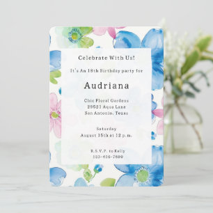 Chic Pink Blue Green Floral Birthday Invitation