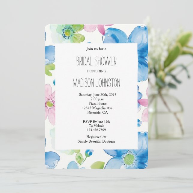 Chic Pink Blue Green Floral Bridal Shower Invitation (Standing Front)