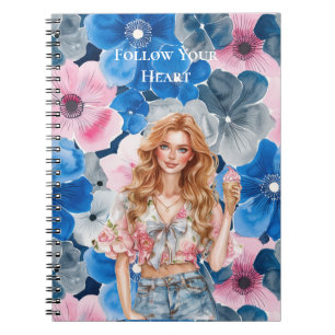 Chic Pink Blue Summer City Red Hair Girl Notebook