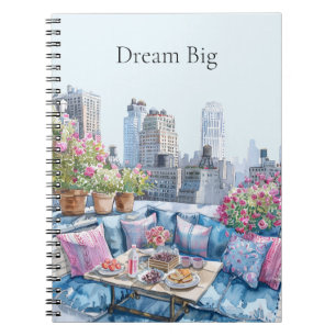 Chic Pink Blue Summer City View Notebook