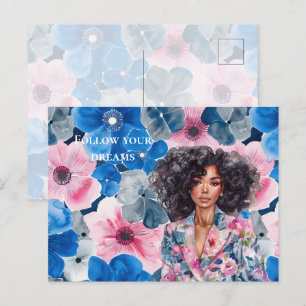 Chic Pink Blue Summer Floral Black Girl Postcard
