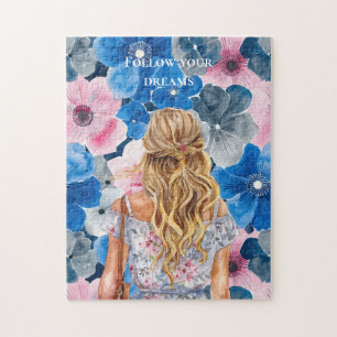 Chic Pink Blue Summer Floral Blond Girl Jigsaw Puzzle