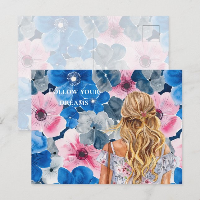 Chic Pink Blue Summer Floral Blonde Girl Postcard (Front/Back)