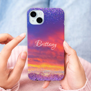 Chic pink blue sunset photo confetti custom script iPhone 15 mini case