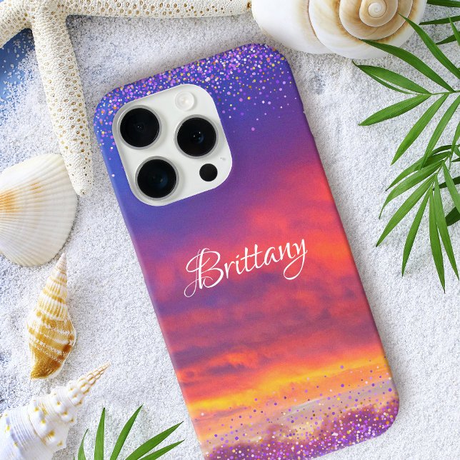 Chic pink blue sunset photo confetti custom script Case-Mate iPhone case (Creator Uploaded)